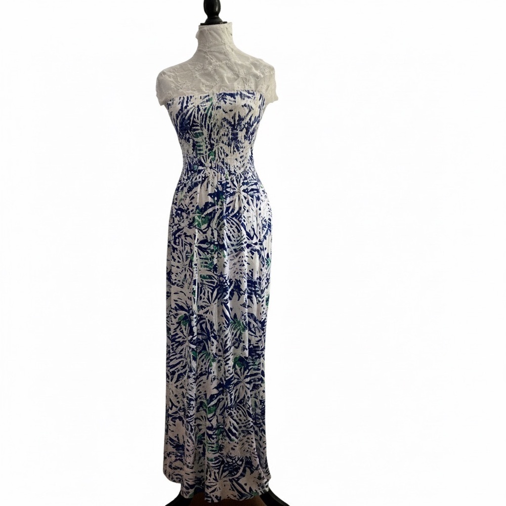 Marc New York Blue White Palm Smocked Maxi Dress Medium - Picture 2 of 5